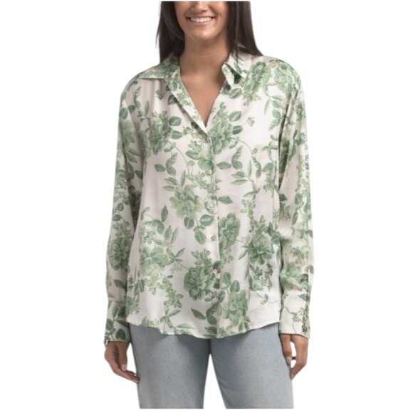 Autres Filles Tops - AUTRES FILLES Satin Floral Leaves Long Sleeve Shirt